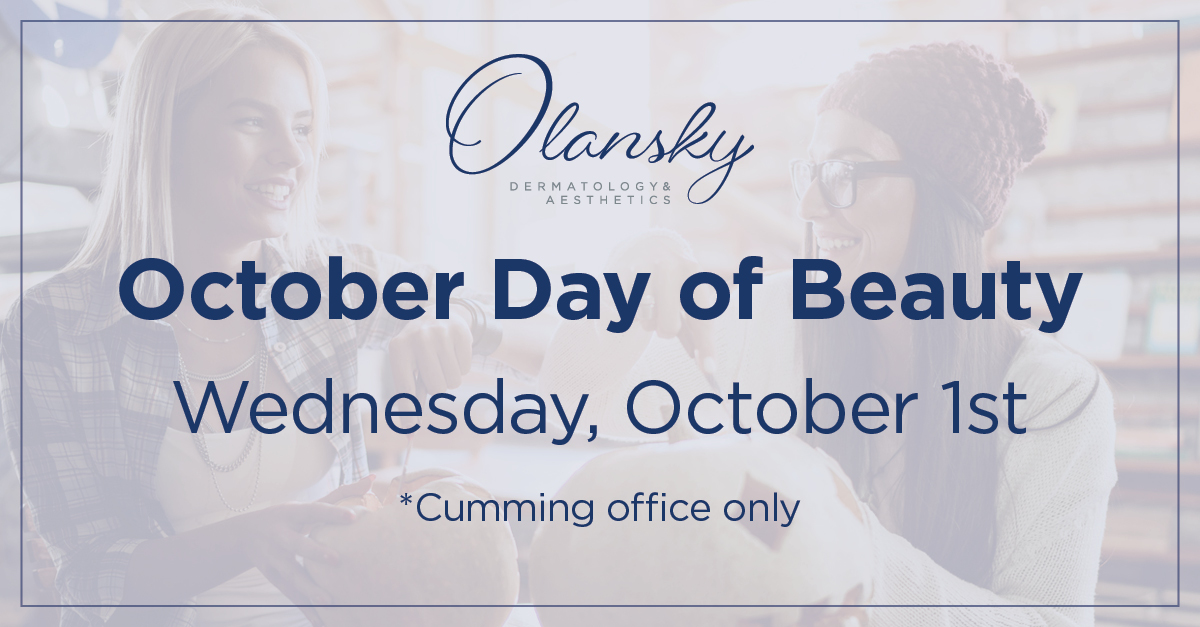 An image of two women sharing coffee, with text overlaying it saying October's day of beauty is Wednesday, the 1st